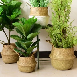 Handmade Woven Storage Basket Folding Clthoes Laundry Basket Straw Wicker Rattan Seagrass Belly Garden Flower Pot Plant Basket